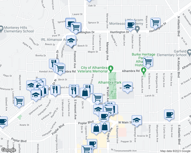 map of restaurants, bars, coffee shops, grocery stores, and more near 312 North Primrose Avenue in Alhambra