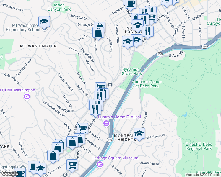 map of restaurants, bars, coffee shops, grocery stores, and more near 4579 North Figueroa Street in Los Angeles