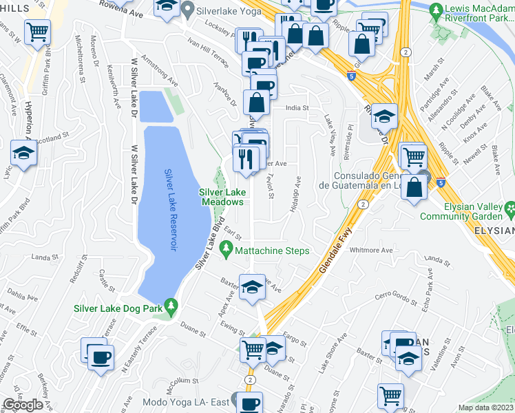 map of restaurants, bars, coffee shops, grocery stores, and more near 2323 Teviot Street in Los Angeles