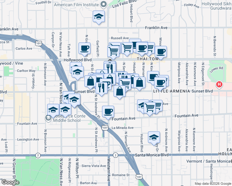 map of restaurants, bars, coffee shops, grocery stores, and more near 5408 Sunset Boulevard in Los Angeles