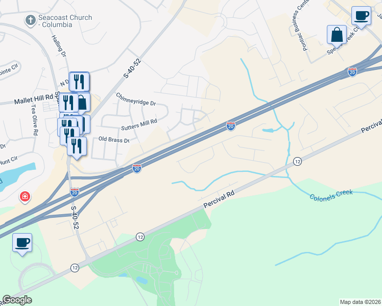 map of restaurants, bars, coffee shops, grocery stores, and more near 1155 Clemson Frontage Road in Columbia