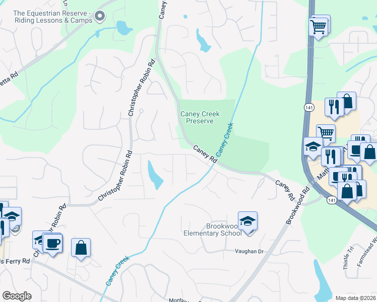 map of restaurants, bars, coffee shops, grocery stores, and more near 3070 Brookwater Drive in Cumming