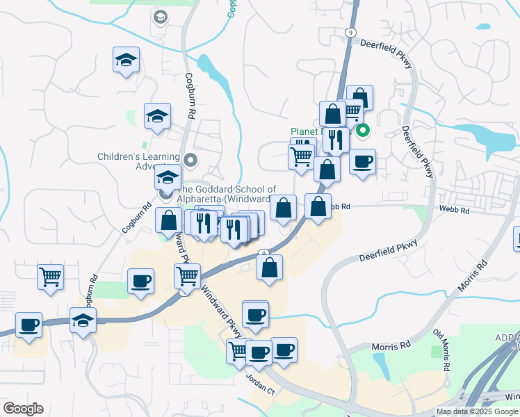 map of restaurants, bars, coffee shops, grocery stores, and more near 2885 Webb Road in Alpharetta