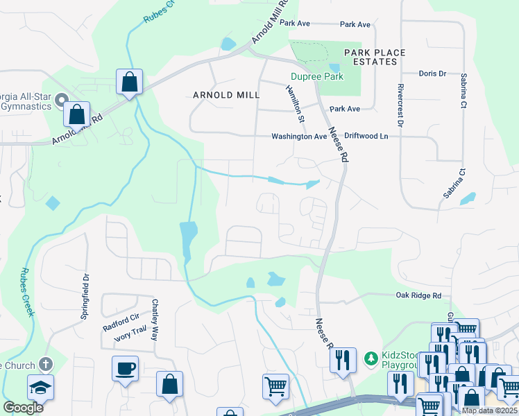 map of restaurants, bars, coffee shops, grocery stores, and more near 2601 Boulder Way in Woodstock