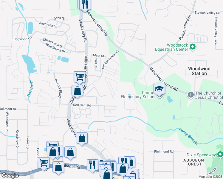 map of restaurants, bars, coffee shops, grocery stores, and more near 253 Derby Court in Acworth