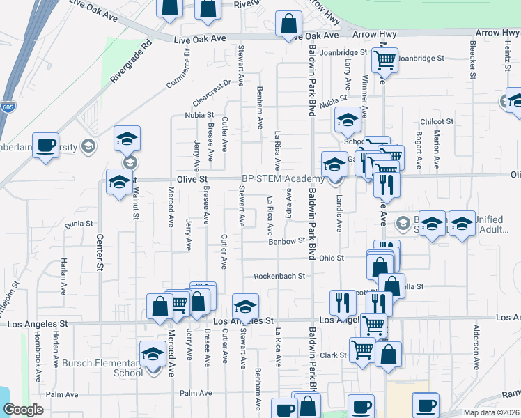 map of restaurants, bars, coffee shops, grocery stores, and more near 4736 Benham Avenue in Baldwin Park