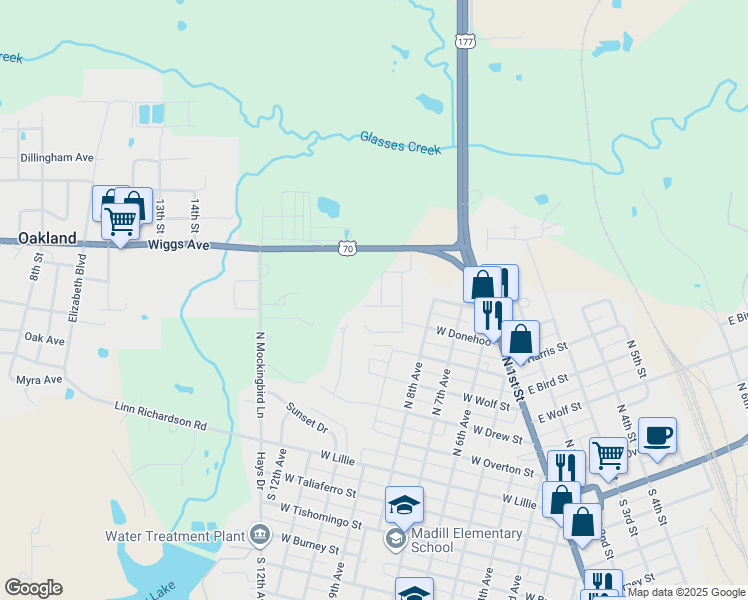 map of restaurants, bars, coffee shops, grocery stores, and more near 910 West Briarwood Drive in Madill