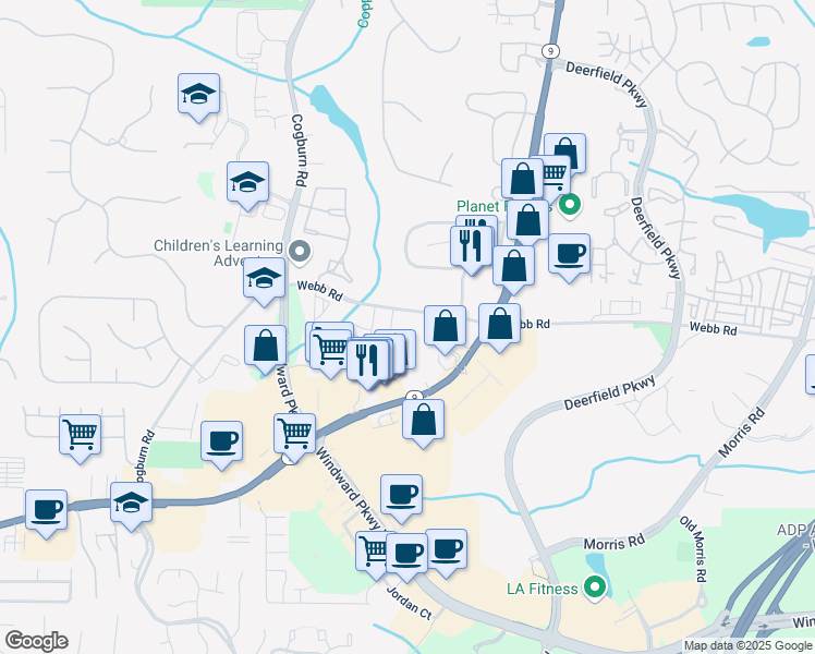 map of restaurants, bars, coffee shops, grocery stores, and more near 2885 Webb Road in Alpharetta