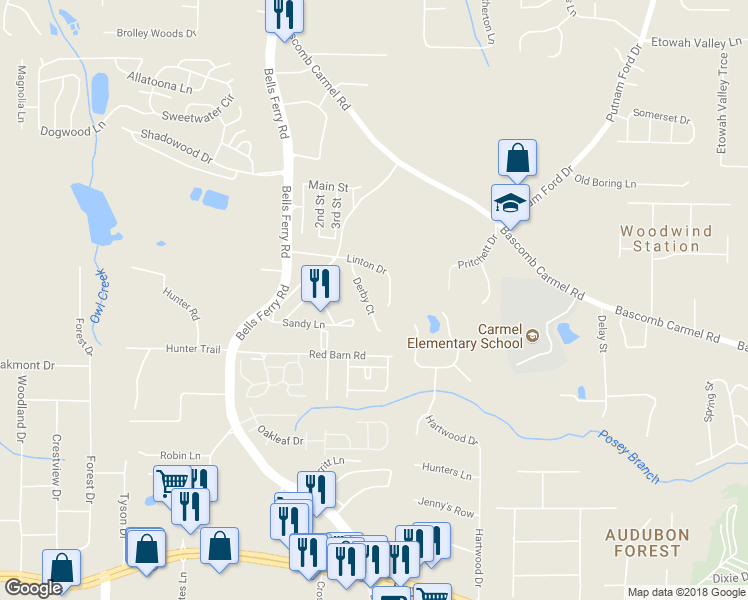 map of restaurants, bars, coffee shops, grocery stores, and more near 253 Derby Court in Acworth