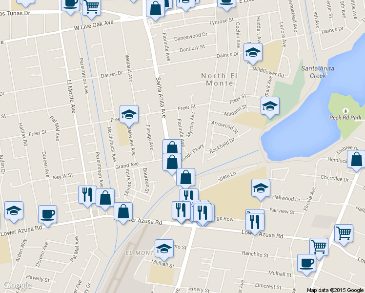 map of restaurants, bars, coffee shops, grocery stores, and more near 5025 Florinda Avenue in Temple City