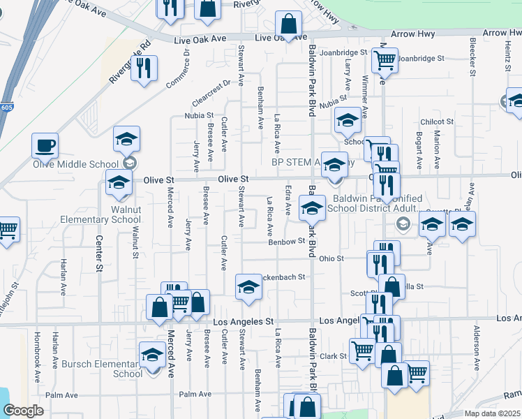 map of restaurants, bars, coffee shops, grocery stores, and more near 4736 Benham Avenue in Baldwin Park