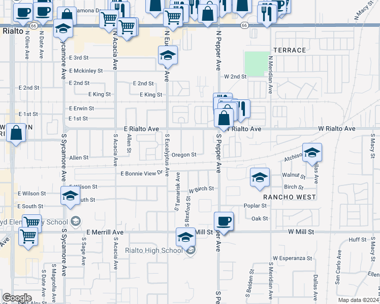 map of restaurants, bars, coffee shops, grocery stores, and more near 194 South Lamarr Street in Rialto