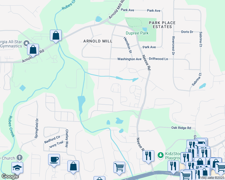 map of restaurants, bars, coffee shops, grocery stores, and more near 2601 Boulder Way in Woodstock