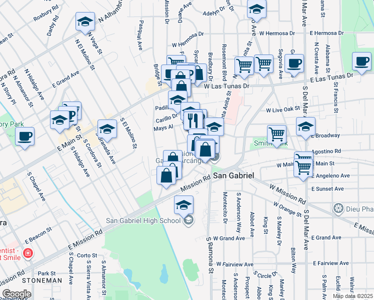 map of restaurants, bars, coffee shops, grocery stores, and more near 312 San Marcos Street in San Gabriel