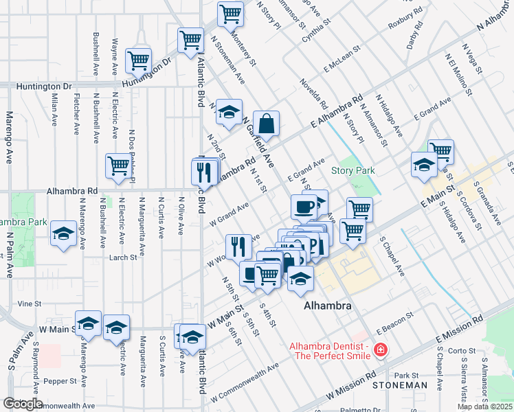 map of restaurants, bars, coffee shops, grocery stores, and more near 112 West Grand Avenue in Alhambra