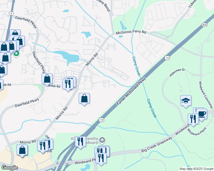 map of restaurants, bars, coffee shops, grocery stores, and more near 13085 Morris Road in Alpharetta