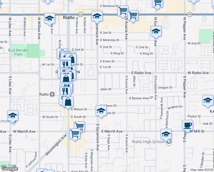 map of restaurants, bars, coffee shops, grocery stores, and more near 151 South Oakdale Avenue in Rialto