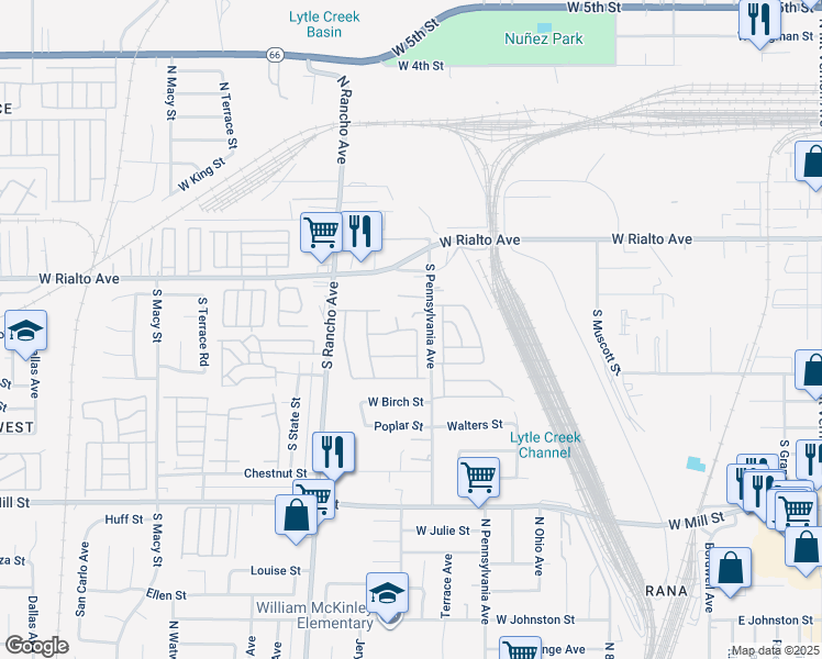 map of restaurants, bars, coffee shops, grocery stores, and more near 204 Sidewinder Mountain Road in San Bernardino
