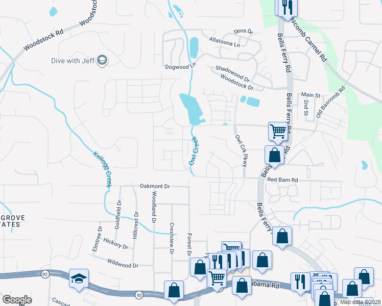 map of restaurants, bars, coffee shops, grocery stores, and more near 5826 Forest Drive in Acworth