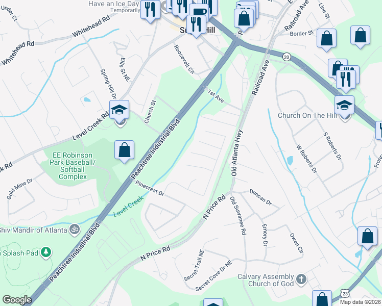 map of restaurants, bars, coffee shops, grocery stores, and more near 4664 Pine Isle Way in Sugar Hill