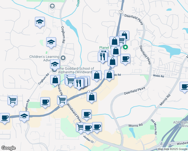 map of restaurants, bars, coffee shops, grocery stores, and more near 2885 Webb Road in Alpharetta