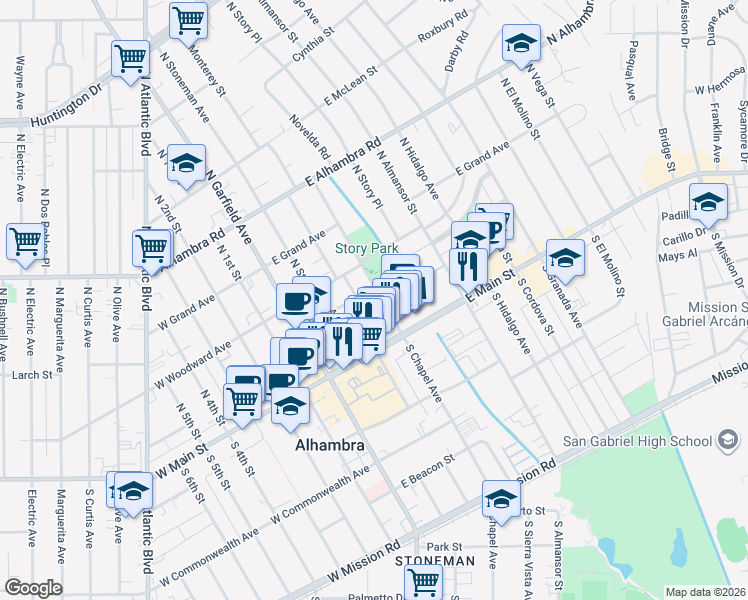 map of restaurants, bars, coffee shops, grocery stores, and more near 111 North Chapel Avenue in Alhambra