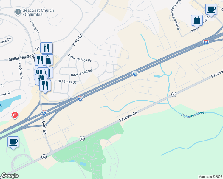 map of restaurants, bars, coffee shops, grocery stores, and more near 1155 Clemson Frontage Road in Columbia