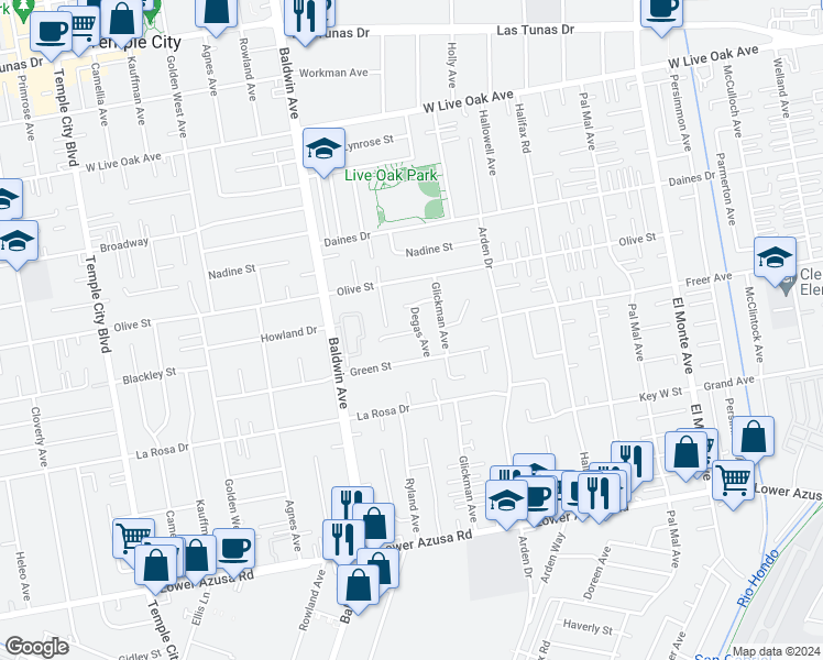 map of restaurants, bars, coffee shops, grocery stores, and more near 5301 Degas Avenue in Temple City