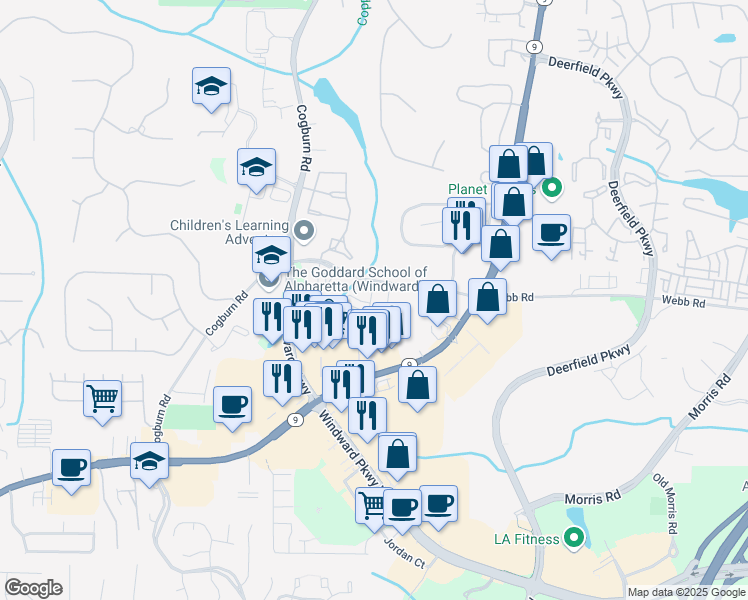map of restaurants, bars, coffee shops, grocery stores, and more near 3113 Huntington Place in Milton