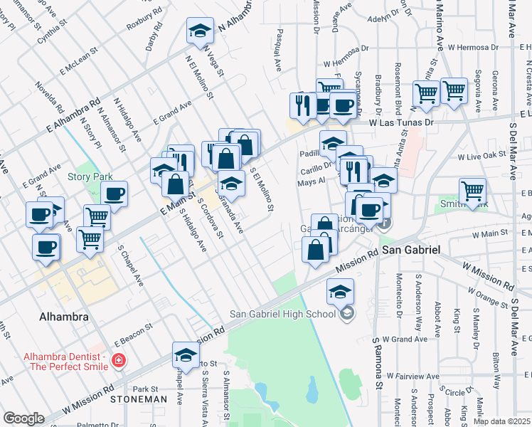 map of restaurants, bars, coffee shops, grocery stores, and more near South El Molino Street in Alhambra