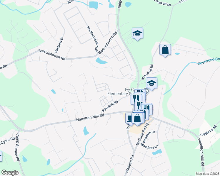 map of restaurants, bars, coffee shops, grocery stores, and more near 3671 Salvia Drive in Buford