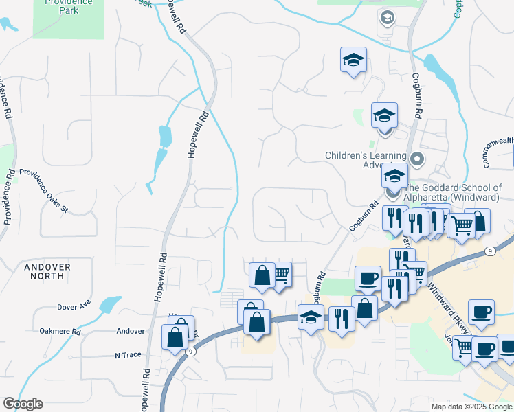 map of restaurants, bars, coffee shops, grocery stores, and more near 2420 Traywick Chase in Alpharetta
