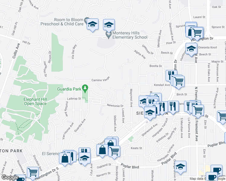 map of restaurants, bars, coffee shops, grocery stores, and more near 5322 Atlas Street in Los Angeles