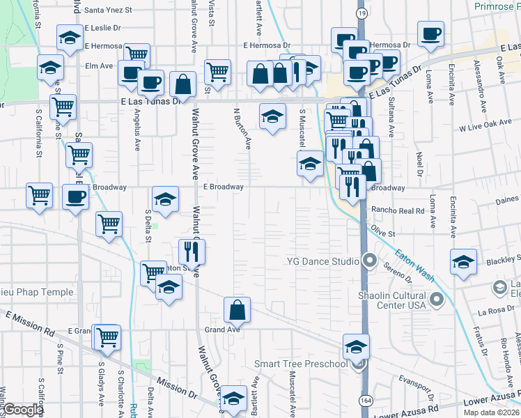 map of restaurants, bars, coffee shops, grocery stores, and more near 5419 Bartlett Avenue in San Gabriel