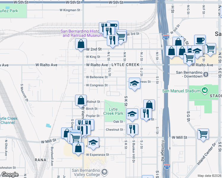 map of restaurants, bars, coffee shops, grocery stores, and more near 1177 West Congress Street in San Bernardino