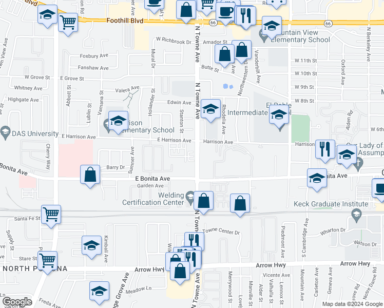map of restaurants, bars, coffee shops, grocery stores, and more near 2870 North Towne Avenue in Pomona