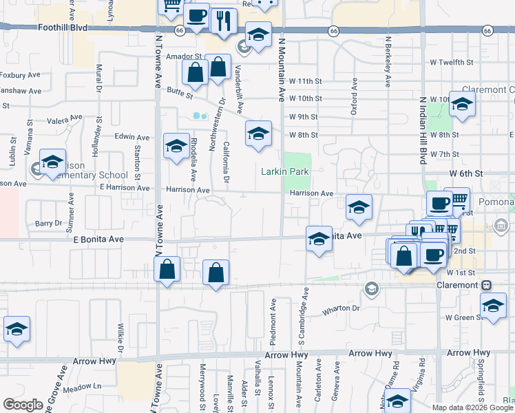 map of restaurants, bars, coffee shops, grocery stores, and more near 467 Taylor Drive in Claremont