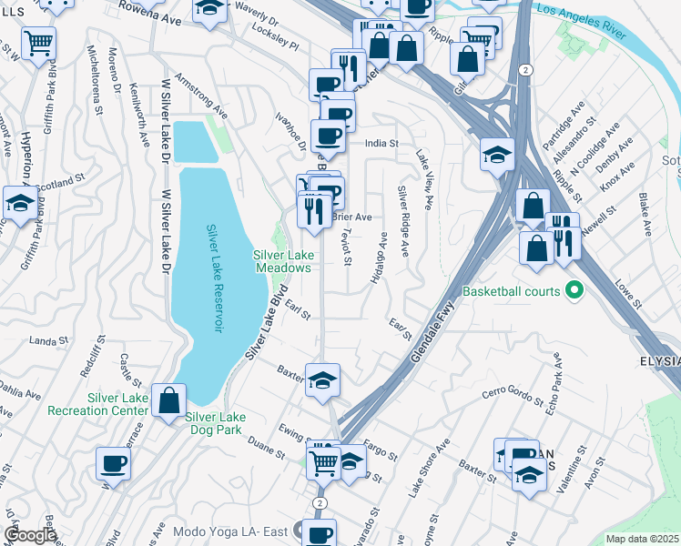 map of restaurants, bars, coffee shops, grocery stores, and more near 2323 Teviot Street in Los Angeles
