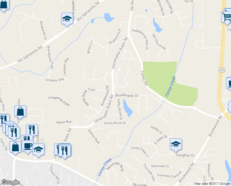 map of restaurants, bars, coffee shops, grocery stores, and more near 2300 Brookwater Drive in Alpharetta