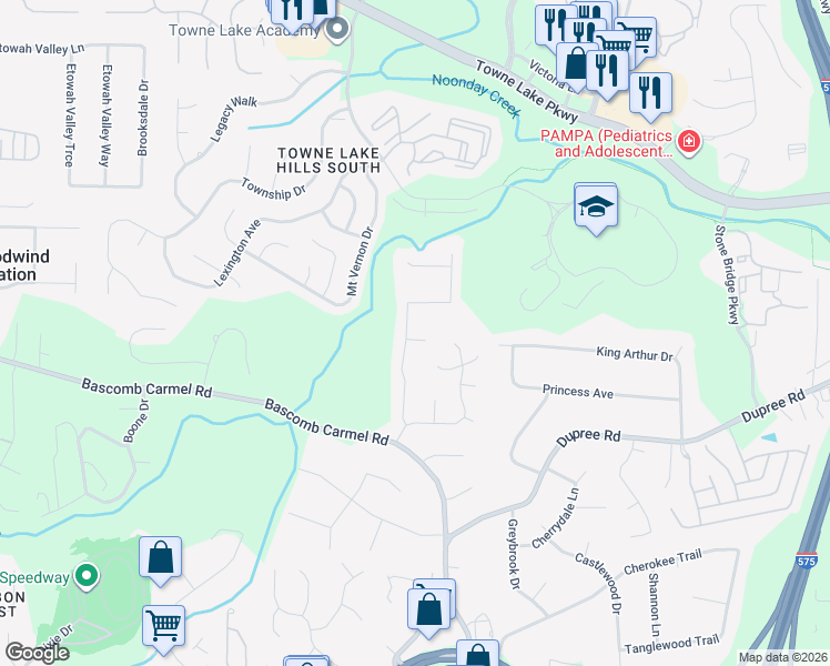 map of restaurants, bars, coffee shops, grocery stores, and more near 418 Hearthstone Way in Woodstock