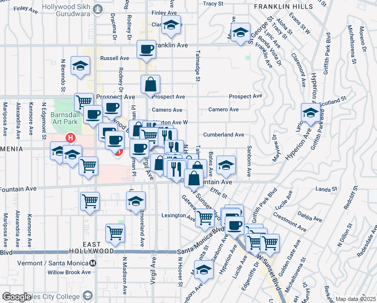 map of restaurants, bars, coffee shops, grocery stores, and more near 4322 Sunset Drive in Los Angeles