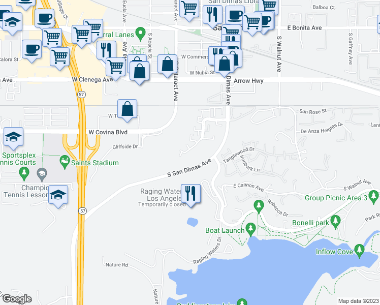 map of restaurants, bars, coffee shops, grocery stores, and more near 404 West Vía Vaquero in San Dimas