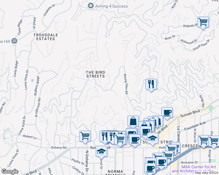 map of restaurants, bars, coffee shops, grocery stores, and more near 1456 Blue Jay Way in Los Angeles