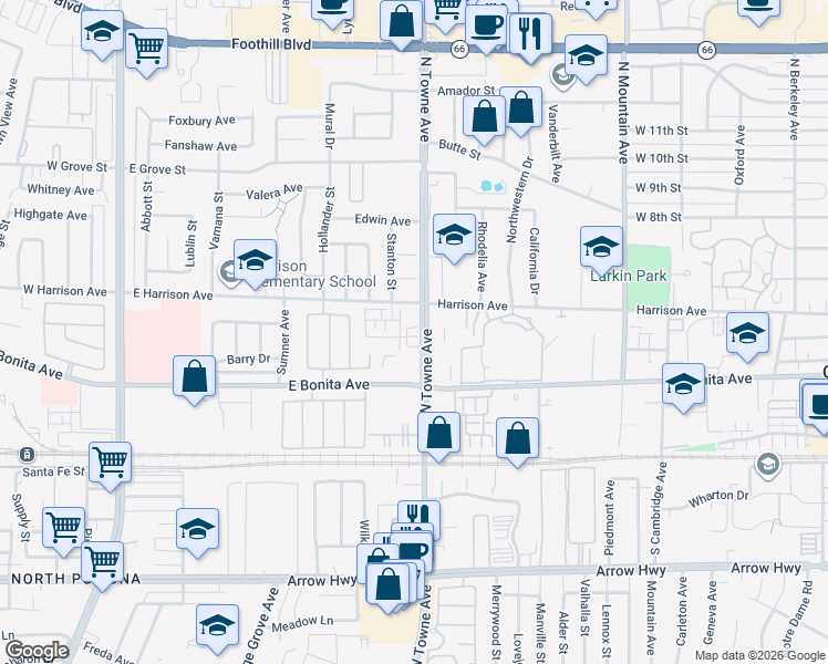 map of restaurants, bars, coffee shops, grocery stores, and more near 2870 North Towne Avenue in Pomona