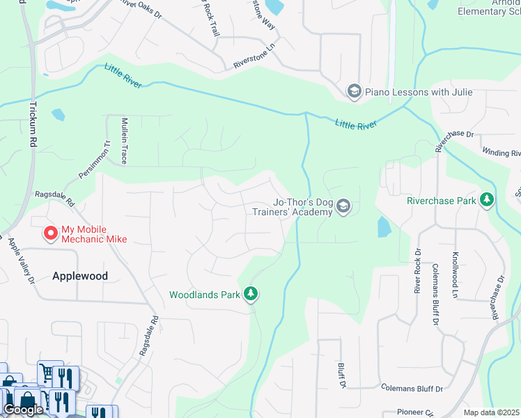 map of restaurants, bars, coffee shops, grocery stores, and more near 709 Aroura Drive in Woodstock