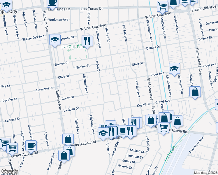 map of restaurants, bars, coffee shops, grocery stores, and more near 5237 Hallowell Avenue in Temple City