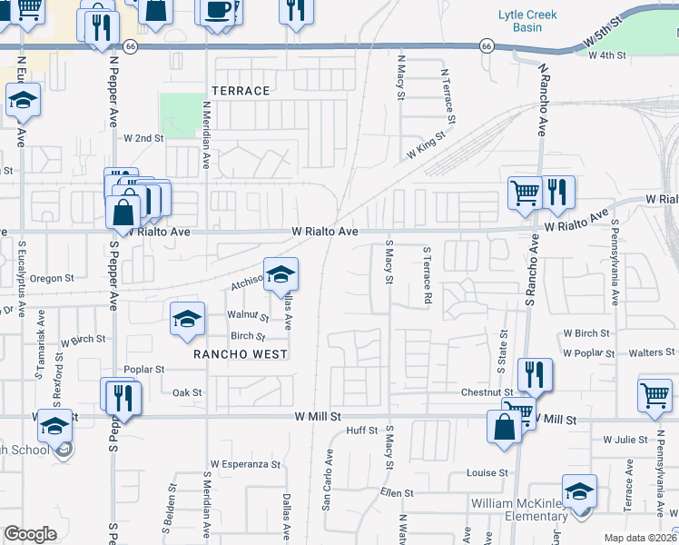 map of restaurants, bars, coffee shops, grocery stores, and more near 2395 Oregon Street in San Bernardino