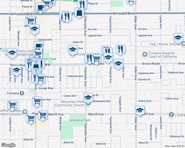 map of restaurants, bars, coffee shops, grocery stores, and more near 17352 Valencia Avenue in Fontana