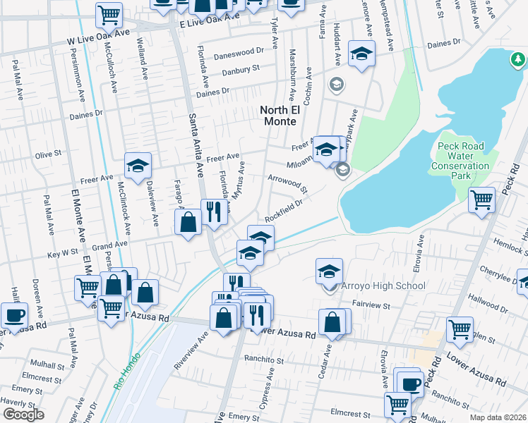 map of restaurants, bars, coffee shops, grocery stores, and more near 5065 Marshburn Avenue in Arcadia
