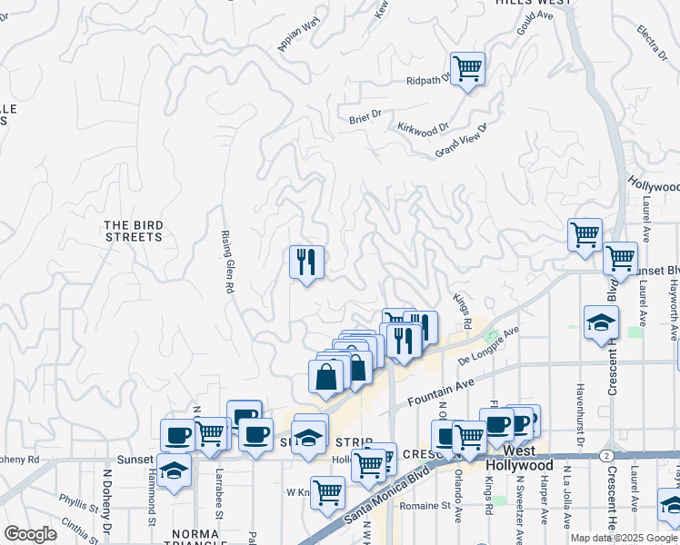 map of restaurants, bars, coffee shops, grocery stores, and more near 8692 Franklin Avenue in Los Angeles